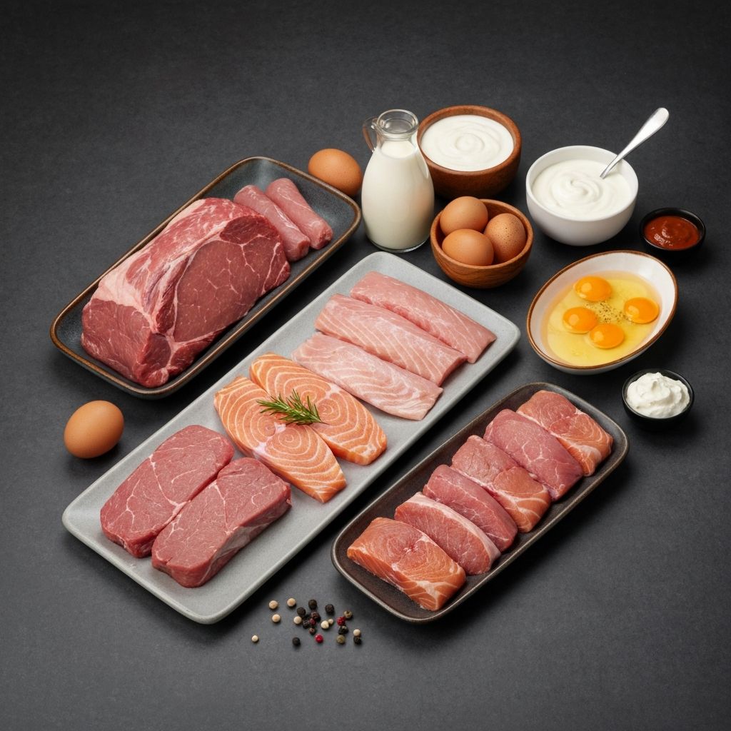 Professionelle kulinarische Anordnung von Proteinen - mageres Fleisch, Fisch, Eier und Milchprodukte mit kinematografischer Beleuchtung