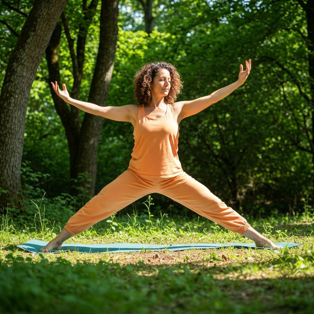 Person bei leichtem Yoga oder Spaziergang in der Natur, Wellness und moderate Aktivität